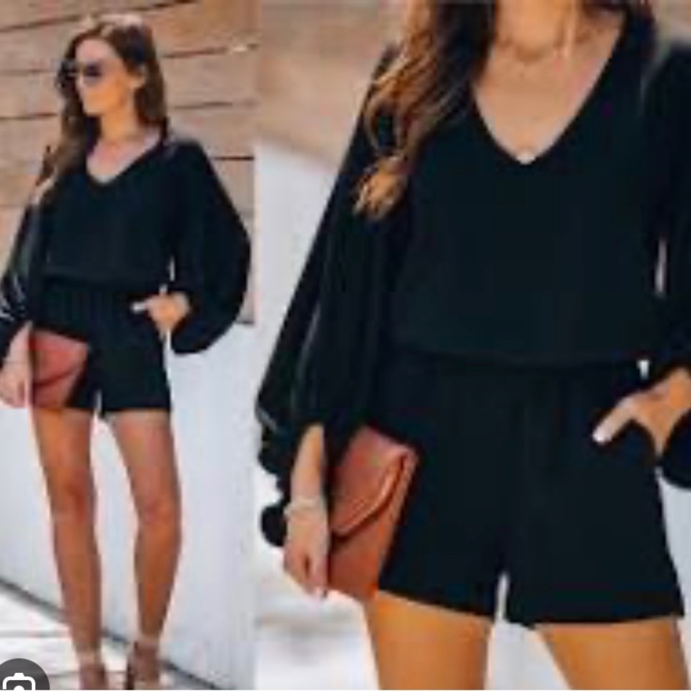 Vici Navy Romper with Balloon Sleeves